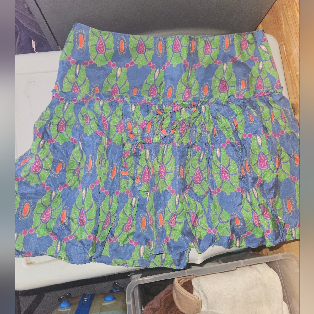 ZARA Medium Silk Floral Blue and Green Women's Skirt